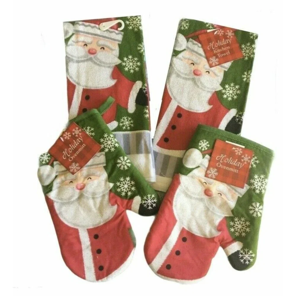 Santa Christmas Set of 4 Dish Towels Oven Mitts Snowflakes Holiday Glitter